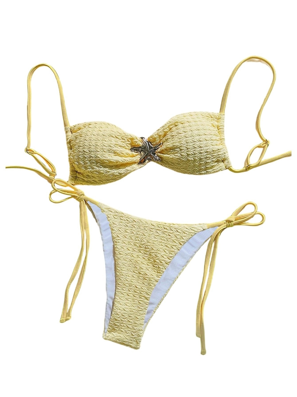 Yellow Textured Tie-Side Bikini Set with Star Accent
